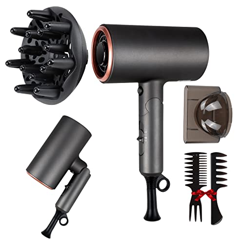 Hair Dryer 1800W Portable Blow Dryer Professional Ionic Hair Dryer with Diffuser and Concentrator Nozzles for Home Travel (Gold) - Gold