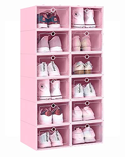 KPX 12 Pack Stackable Shoe Storage Organizer Plastic with Lid, Clear Shoe Boxes Drop Front, Shoe Containers Bins for Men’s Sneaker Women’s High Heels – Easy to Assemble (Pink) - Pink