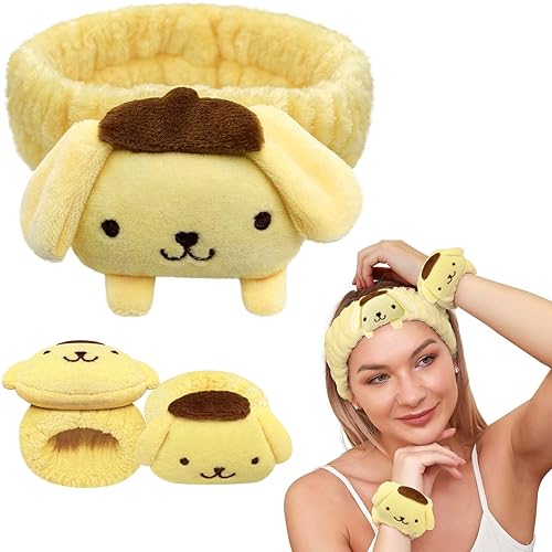 Kawaii Spa Headband and Wristband Set for Face Washing, Cute Soft Skincare Headbands for Women Girls, Fluffy Makeup Headband for Washing Face, Bath, Shower, Beauty - Yellow
