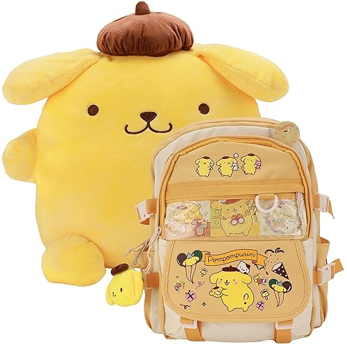 Juju Pompompurin Plush & Backpack Bundle - Cute Kawaii Stuff Pompompurin Accessories - Kawaii Accessories Pompompurin Stuff - Kawaii Plush Pom Pom Purin Plush - Kawaii Backpack Kawaii Bag (Hpy)