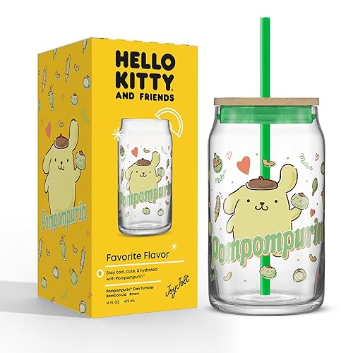 JoyJolt Sanrio Hello Kitty and Friends Favorite Flavor Glass Tumbler with Bamboo Lid and Straw, Leakproof 16oz Clear Soda Can Shaped Cup featuring Pompompurin, Hello Kitty Merch - Pompompurin