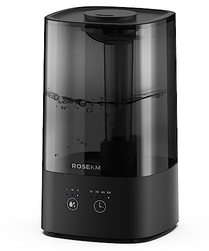 ROSEKM 4.5L Humidifiers for Bedroom, Humidifiers for Home Large Room, Cool Mist Humidfiers for Baby and Plant with Timer, Adjustable Mist Level, 360° Nozzle, Auto Shut-Off, Black - 4.5L Large Humidifier