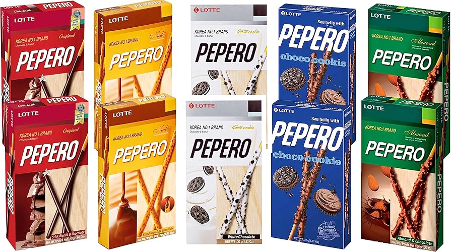 OHMARKET Lotte Pepero Chocolate & Biscuit 5 Flavor Variety Pack (Pack of 10)