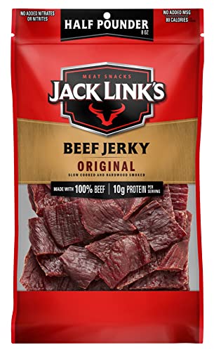 Jack Link's Beef Jerky, Original, 1/2 Pounder Bag - Flavorful Meat Snack, 10g of Protein and 80 Calories, Made with Premium Beef - 96% Fat Free, No Added MSG** or Nitrates/Nitrites, 8oz - Original