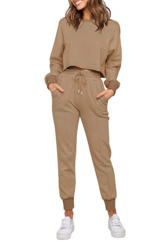 ZESICA Women's Long Sleeve Crop Top and Pants Pajama Sets 2 Piece Jogger Long Sleepwear Loungewear Pjs Sets - Khaki Medium