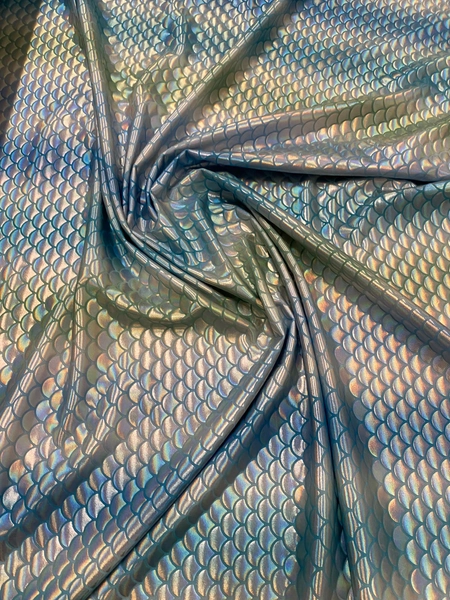 New Rainbow mermaid design blue/silver iridescent metallic nylon spandex 4-way stretch 58/60” Sold by the YD. Ships worldwide from L.A CA.