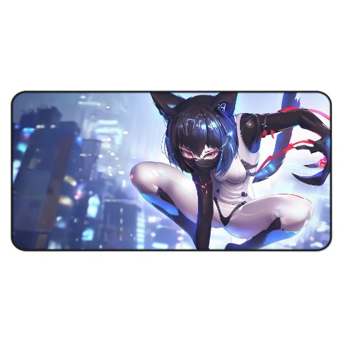 Cyborg Cat Girl Large Mouse Pad - 15.5" × 31"