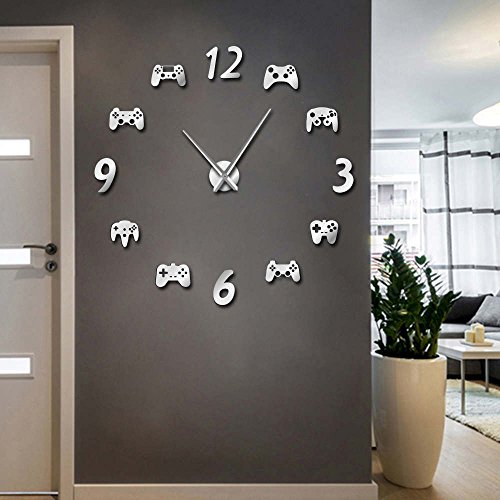The Geeky Days Video Game Controllers DIY Large Wall Clock Game Room Decor Modern Design Freamless Giant Gamer Wall Clock Game Boys Room Wall Watch (Silver) - Silver