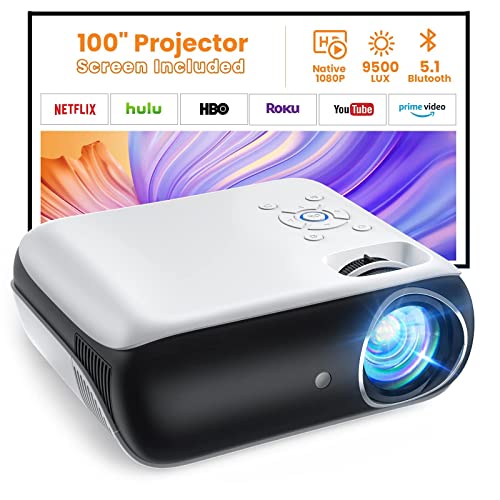 Projector, Native 1080P Bluetooth Projector with 100''Screen, 9500L Portable Outdoor Movie Projector Compatible with Smartphone, HDMI,USB,AV,Fire Stick, PS5