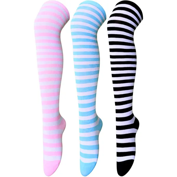 SOCKFUN 3 Pairs Striped Thigh High Women, Girls Knee High Socks, Striped Cute Kawaii Socks