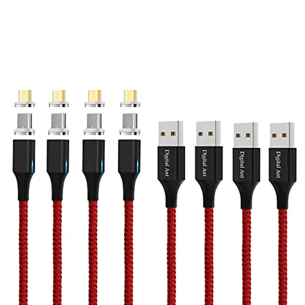 Digital Ant Gen-X Micro USB + USB-C/Type-C 2 in 1 Nylon Braided Magnetic Charging Cable, Support 3.0A Fast Charging & Data Transfer (4 Cables+4 Micro Tips+4 Type-C Tips, 5-Feet, Red) - 2-in-1 Red 4-Pack - 5 Feet
