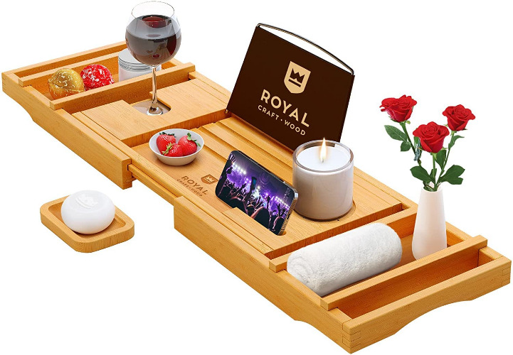 Luxury Bathtub Caddy Tray, 1 or 2 Person Bath and Bed Tray, Bamboo Bathtub Tray Expandable, Bath Tub Table Caddy with Extending Sides - Free Soap Dish - Natural