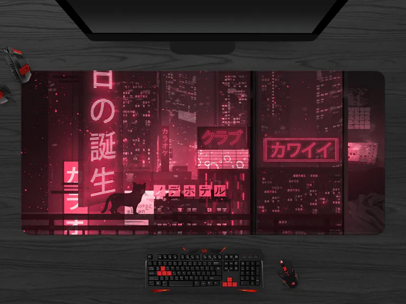 Red Gaming Mousepad, Neon Tokyo Street Desk Mat Japanese, XXL Extended Anime Mouse Pad, lofi Extra large keyboard Deskmat for gamers
