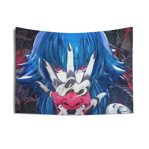 Oni Mask Tapestry, Japanese Art, Demon Japon, Culture Japan, Mural, Digital Art, Illustration, Hand on face, Anime, Yakuza