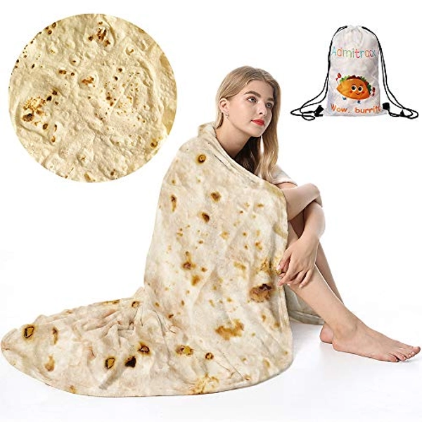 Admitrack Tortilla Wrap Blanket,Burritos Round Wrap Blanket,Tortilla Throw Blanket,Funny Realistic Food Round Blanket,Novelty Burritos Throw Blanket for Adults&Kids - 60 in - Beige