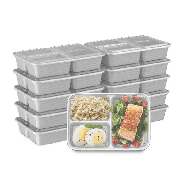 Bentgo Prep 3-Compartment Meal-Prep Containers with Custom-Fit Lids - Microwaveable, Durable, Reusable, BPA-Free, Freezer and Dishwasher Safe Food Storage Containers - 10 Trays  10 Lids (Silver)