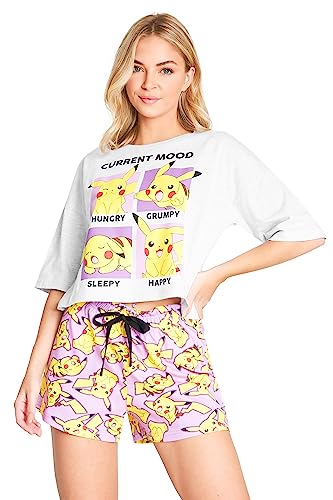 Pokemon Pyjamas for Women Teenagers Summer Pikachu Ladies Lounge Wear Sets 2 Piece Cropped T-Shirt Short PJs Nightwear Soft Sleepwear Pokemon Gifts for Women - Grey/Pink - M