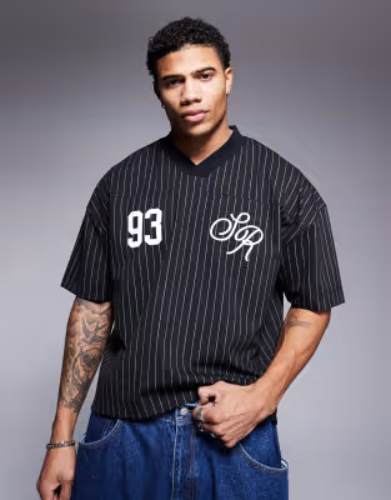 ASOS DESIGN boxy oversized t-shirt with dropped shoulder and sports graphic in black and white stripe