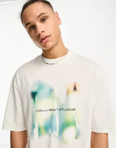 COLLUSION digital blur front print logo t-shirt in white