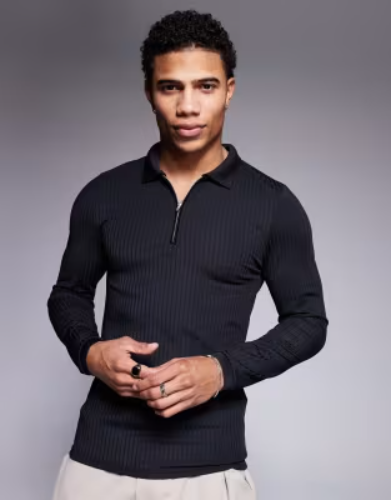 ASOS DESIGN muscle fit long sleeve rib polo in black