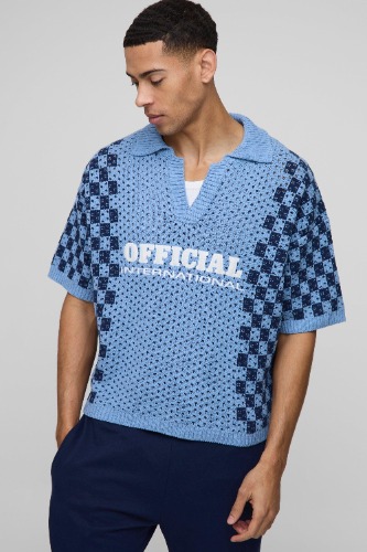 Official Oversized Boxy Football Open Stitch Knitted Polo | boohooMAN UK
