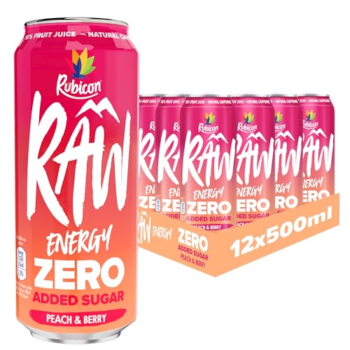 Rubicon RAW 12 Pack Peach & Berry 500ml Energy Drink Zero Added Sugar + 10% Fruit Juice, High Caffeine with B-Vitamins, Ginseng & Guarana, Reduce Tiredness & Boost Energy - Peach & Berry - Zero Added Sugar - 500ml - 12 Cans