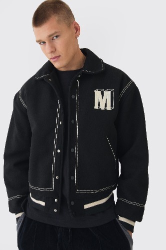 Boxy Stitch Detail Melton Varsity Jacket In Black | boohooMAN UK