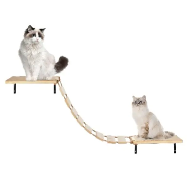 Wall Mounted Cat Step Shelves with Perches, Wooden Cat Cloud Climbing Bridge with 4 Fixed Brackets Heavy Duty Cat Hammock with Stairway Cat Wall Furniture for Kitty Playing Lounging Sleeping