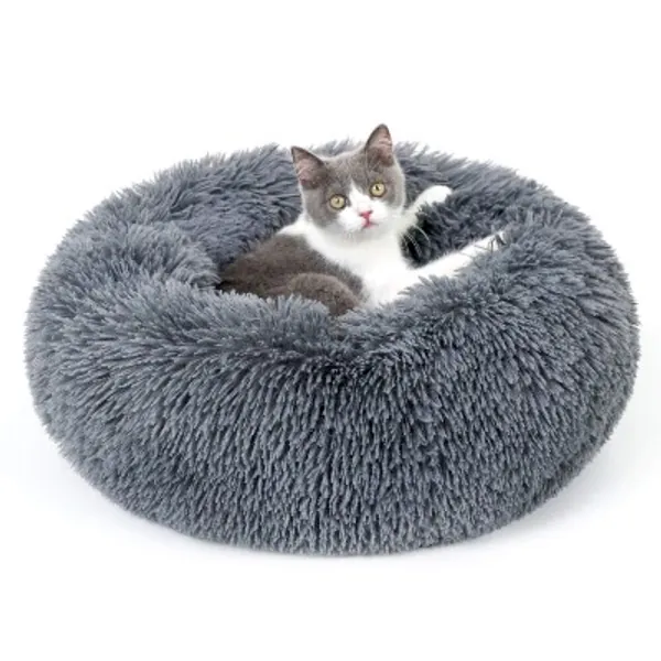 rabbitgoo Cat Bed for Indoor Cats, Soft Plush Donut Cuddler Cushion Pet Bed, Fluffy Round Bed for Improved Sleep, Self Warming Calming Bed for Small Dogs Kittens, Non-Slip, Machine Washable, Dark Gray, M