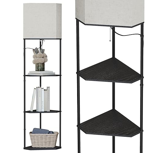 SUNMORY Sector Corner Shelf lamp 3 Color temperatures LED Bulb,Corner lamp with Linen lampshade, Floor Lamps for Living Room, Bedroom, Study，Black Corner lamp with Shelves - Black（Fan-shaped）