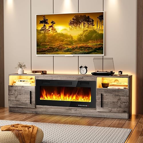 Tavata Fireplace TV Stand Entertainment Center with 36" Fireplace, 70" Wooden TV Stand for TVs Up to 80",Media TV Console with High Gloss Storage Cabinet and 16 Colors LED Lights (Grey) - 70inch - Gray