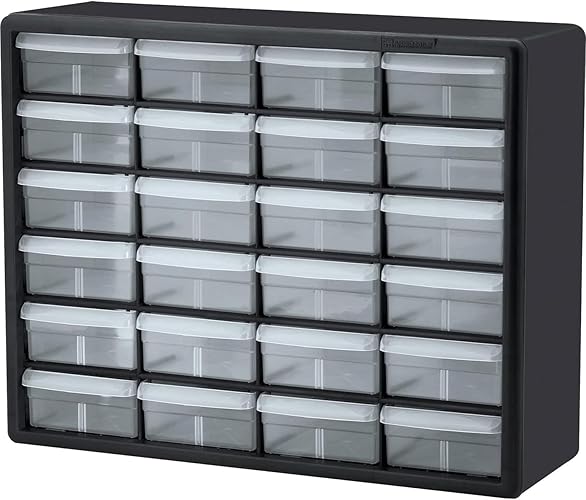 Akro-Mils 10124 24-Drawer Plastic Drawer Storage Cabinet for Garage Organization, Bead Organizer, Lego Storage, Teacher Toolbox, Makeup Organizer, and More, 20-Inch W x 6-Inch D x 16-Inch H, Black - Black - 24 Drawer - Cabinet