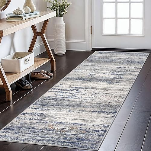 KOZYFLY Modern Abstract Washable Rug Runner 2x6 Hallway Rug Runner Non-Slip Soft Kitchen Runner Rugs, Print Distressed Grey-Blue Striped Carpet Runner for Entryway Bathroom Laundry Room Foyer - 6' x 2' (Runner) - Grey-blue