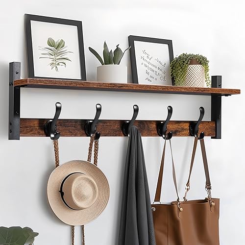 Tatub 29" Rustic Coat Rack Wall Mount with Shelf, Wall Hooks with Shelf, Entryway Floating Shelf with 5 Metal Hooks, Coat Hangers for Entryway, Living Room, Bedroom, Brown Black - Rustic Brown - 29 inch