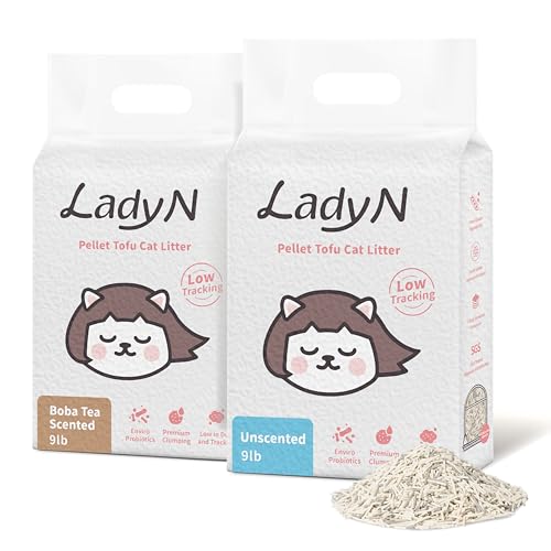 Lady N Tofu Cat Litter, Strong Clumping Ultra Absorbent Natural Litter, Dust-Free Low Tracking Cat Litter Pellets, Enviro-probiotic and Activated Carbon for Odor Control 18lb (Boba Tea+ Unscent) - Boba Tea Combo 9lb x 2bags