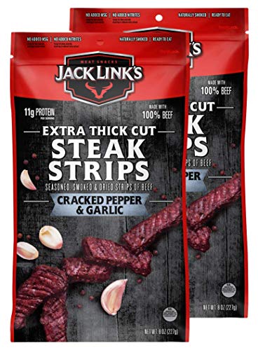 Jack Link's Steak Strips, Beef Jerky, Cracked Pepper & Garlic, Snack Bags, Thick Cut Protein Snacks, Ready To Eat - 11g of Protein, 80 Calories per Serving, Made with Premium Beef, 8 Oz (Pack Of 2) - Peppered Garlic - 8 Ounce (Pack of 2)