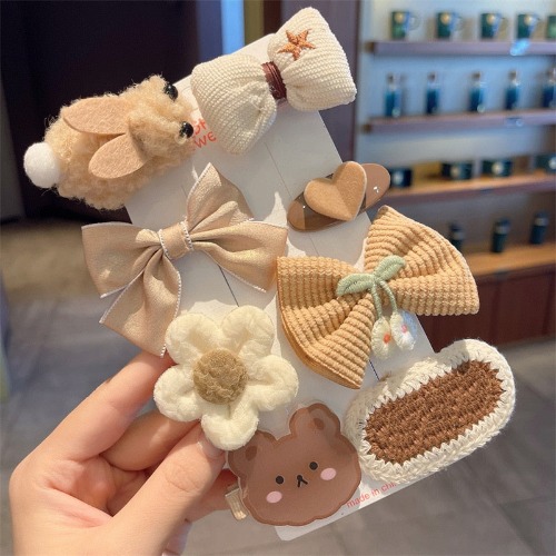 Cute Hair Clips Pins Set of 8 - Neutrals - coffee plush rabbit