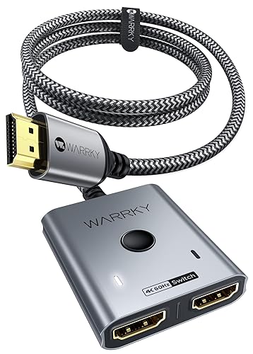 WARRKY Switch HDMI 4K@60Hz, [Aluminio, Cable Fijo de Nailon 1m] HDMI Splitter Bidireccional 2 entradas 1 Salida (Una Pantalla a la Vez) Admite HDR/HDCP 2.2/1080p 3D para TV, PC, PS5, Xbox - Gris