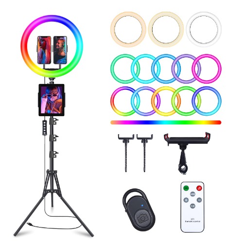 WisaKey 13" LED Ring Light with 63" Tripod Stand & Phone Holder, Selfie Ring Light with 3 Color temperatures and 12 Dimmable Brightness, 48 RGB Modes, Fill light for TikTok, YouTube, Live Streaming