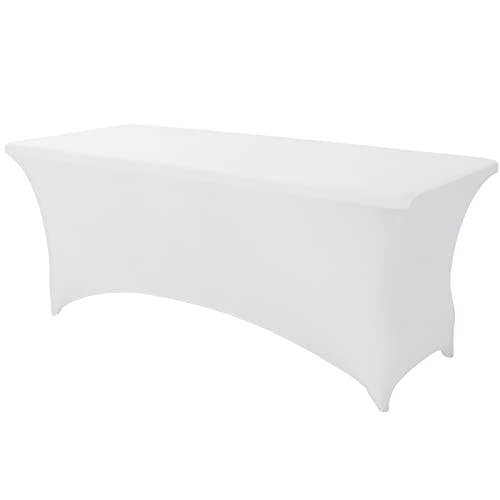 SEPARO 1 Pack 6 Ft White Table Cover Fitted Rectangular Tablecloth Stretchable Fabric Lycra Table Cloth 6 ft Wrinkle-Free for Party Tradeshows Banquet Weddings Cocktail - White - 1PC 6FT