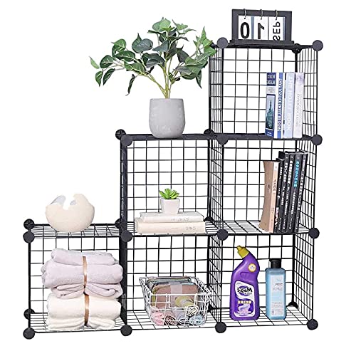 YCOCO Cube Storage Organizer,6 Cube Closet Organizers and Storage,Wire Metal Grids Bookshelf,Stackable Modular Shelves,Cube Storage Organizer Bins for Home,Office,Kids Room,Black - wire-6 cube