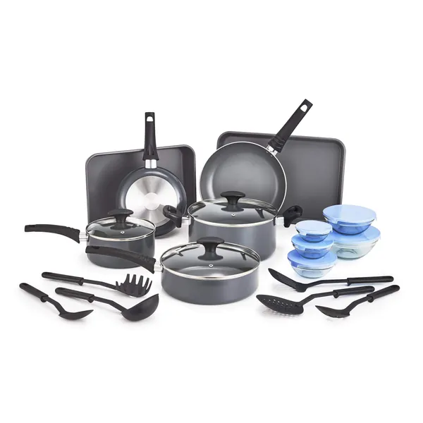 BELLA 21 Piece Cook Bake and Store Set, Kitchen Essentials for First or New Apartment, Assorted Non Stick Cookware, 9 Nylon Hassle-Free Cooking Tools, 5 Glass Storage Bowls w Lids, BPA & PFOA Free - 21 Piece Black