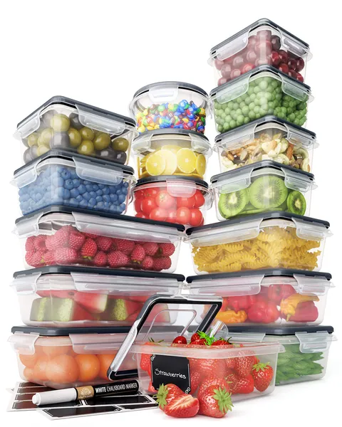 32 Piece Food Storage Containers Set with Easy Snap Lids (16 Lids + 16 Containers) - Airtight Plastic Containers for Pantry & Kitchen Organization - BPA-Free Food Containers with Free Labels & Marker - 