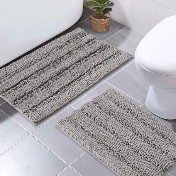 NICETOWN Bath Rug Sets, Extra Thick Chenille Striped Pattern Bath Rugs for Bathroom, Non-Slip Soft Plush Shaggy Bath Mats, Indoor Rugs for Entryway (Dove Grey, 20 x 32 Plus 17 x 24 - Inch) - 32" x 20" Plus 17" x 24" Dove Grey