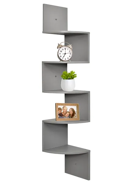 Corner Shelf, Greenco 5 Tier Floating Shelves for Wall, Easy-to-Assemble Wall Mount Corner Shelves for Bedrooms and Living Rooms, Gray Finish - Grey Shelves