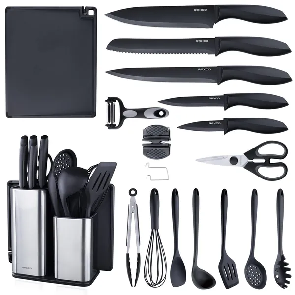 18 Pieces Black Kitchen Set Cooking Utensils Set Stainless Steel Knife Set with Block, 7 Piece Silicone Cooking Utensils Set with Scissors Vegetable Peeler Knife Sharpeners Cutting Board - 18 Piece Black