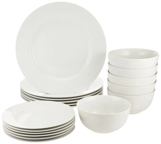Amazon Basics 18-Piece Kitchen Dinnerware Set, Plates, Dishes, Bowls, Service for 6 - White - Dinnerware Set