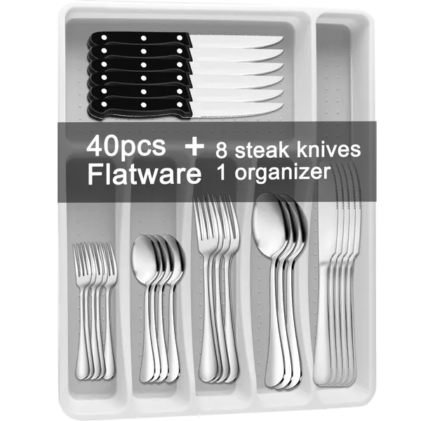 49-Piece Silverware Set with Flatware Drawer Organizer, Durable Stainless Steel Cutlery Set for 8, Mirror Polished Kitchen Utensils Tableware Service with Steak Knives Dinner Fork Knife Spoon & Tray - 