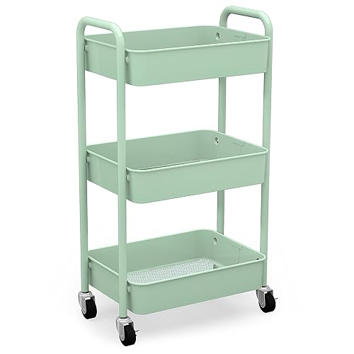 CAXXA 3-Tier Rolling Metal Storage Organizer - Mobile Utility Cart, Kitchen Cart with Caster Wheels (Aqua Green) - Aqua Green