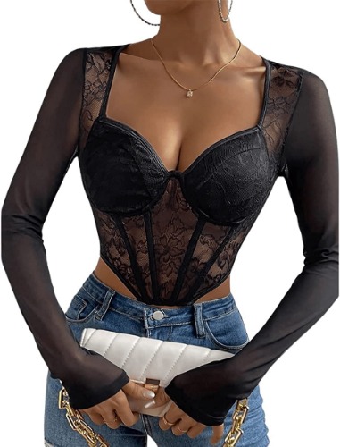 SweatyRocks Women's Floral Lace Long Sleeve Asymmetrical Hem Bustier Mesh Crop Top - Medium Black